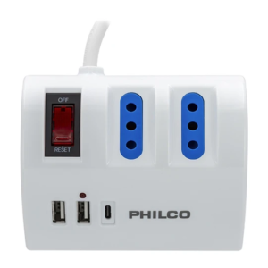 Alargador Eléctrico 3Tomas 10A/250v +2USB+1TipoC QC. Surge Protector 1.5 Mts Philco Blanco