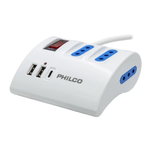 Alargador Eléctrico 3Tomas 10A/250v +2USB+1TipoC QC. Surge Protector 1.5 Mts Philco Blanco