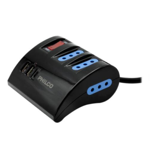 Alargador Eléctrico 3Tomas 10A/250v +2USB+1TipoC QC. Surge Protector 1.5 Mts Philco Negro